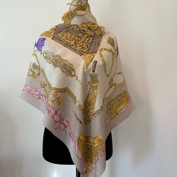 Authentic Lancel Silk Scarf with Gold and Pink Design - Picture 4 of 11